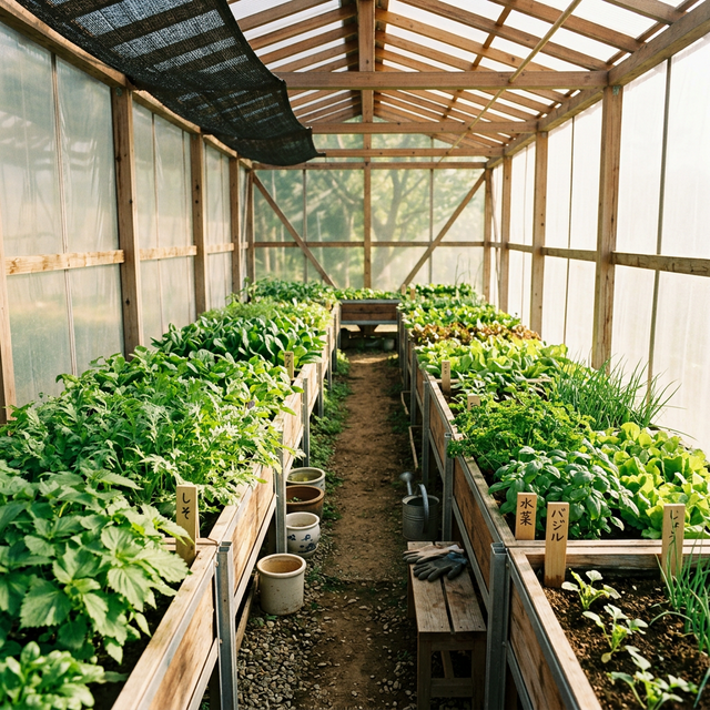 ハーブや野菜を育てるハウスの中